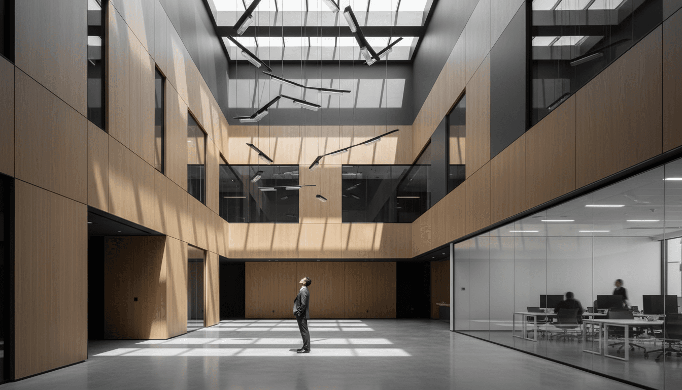 Modern corporate office atrium with dramatic lighting, clean geometric design, and professional working in minimalist gray and white space